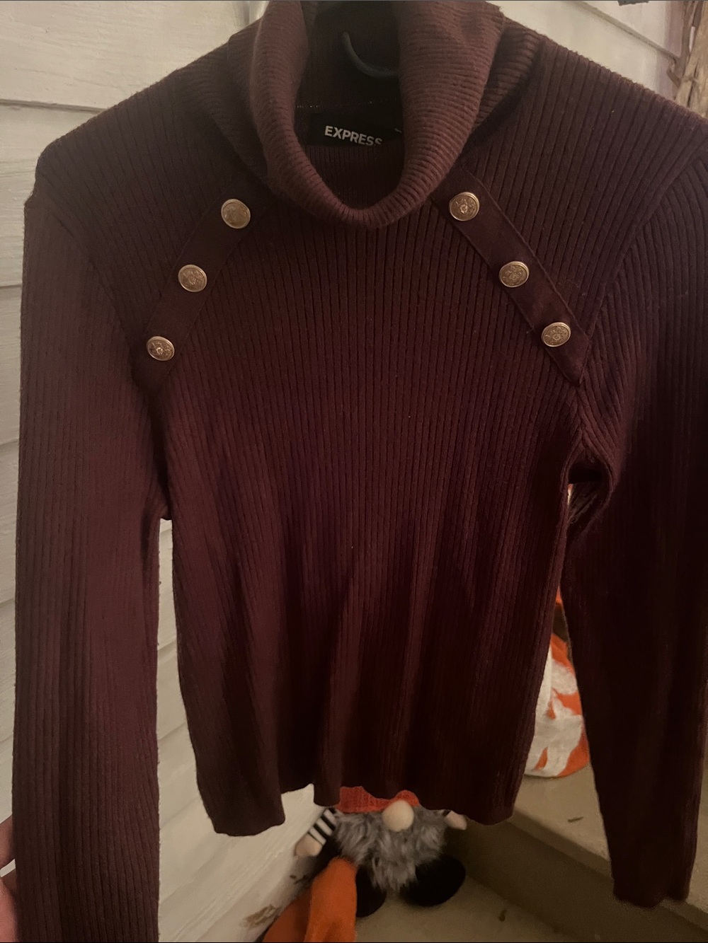 Express Burgundy Ribbed Turtleneck Sweater with Gold Buttons